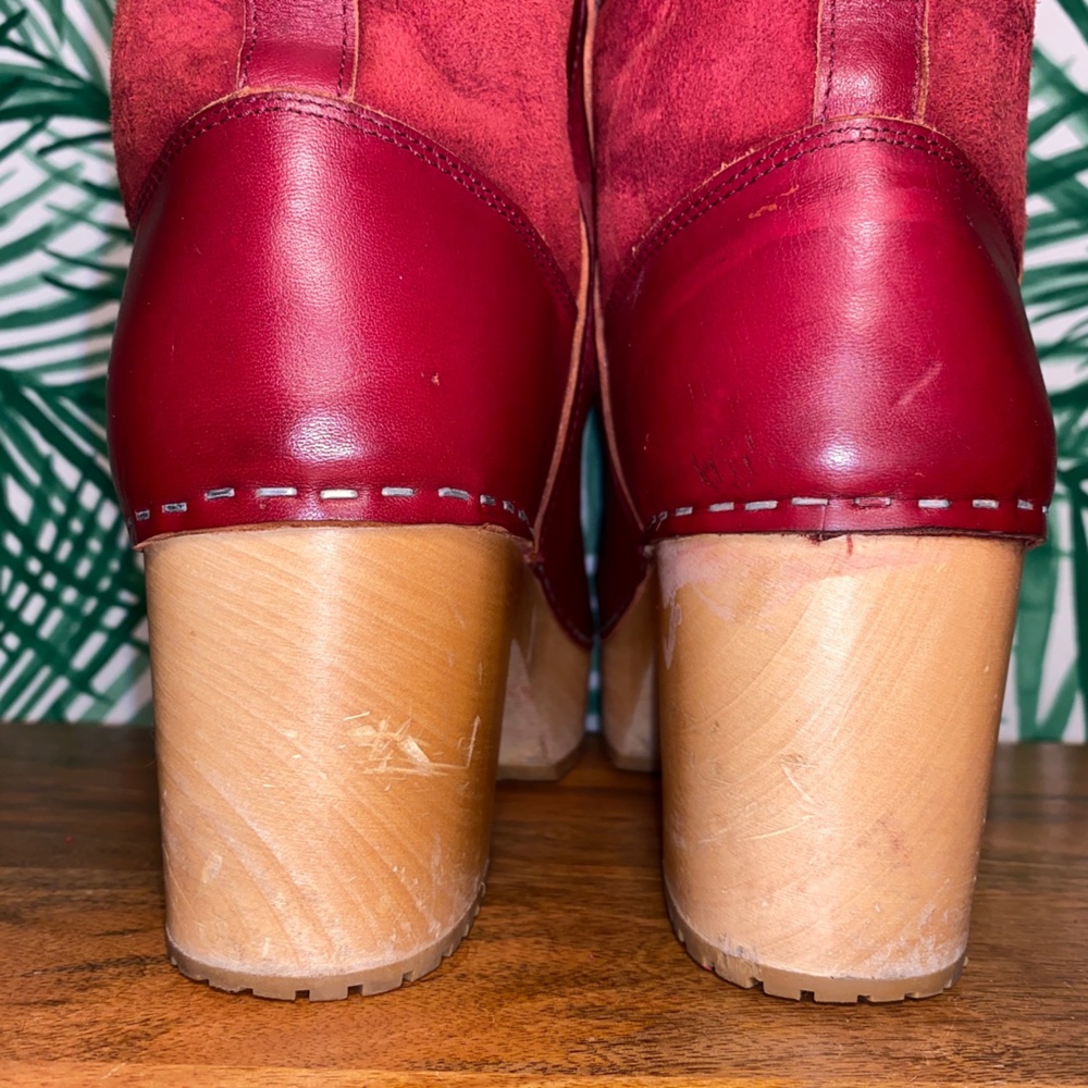 Sweedish Hasbeens Red Leather Shearling Wood Platform Ankle Boots Women’s 39/9 - Picture 7 of 13